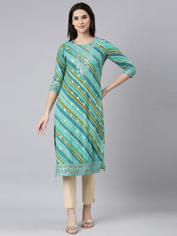 NEERU'S - Green Regular Straight Striped Kurtas