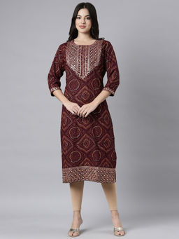 NEERU'S - Brown Regular Straight Bandhani Kurtas