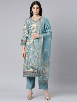 NEERU'S - Blue Regular Straight Floral Kurta and Trousers with Dupatta (Set of 3)