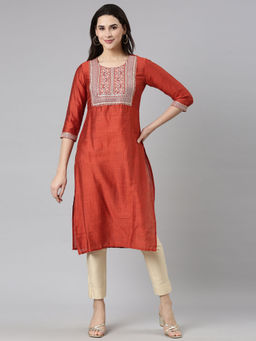 NEERU'S - Rust Regular Straight Solid Kurtas