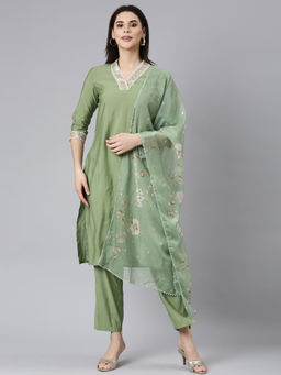 NEERU'S - Green Regular Straight Solid Kurta and Trousers with Dupatta (Set of 3)