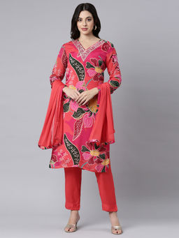 NEERU'S - Pink Regular Straight Floral Kurta and Trousers with Dupatta (Set of 3)