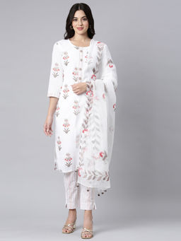NEERU'S - White Regular Straight Floral Kurta and Trousers with Dupatta (Set of 3)