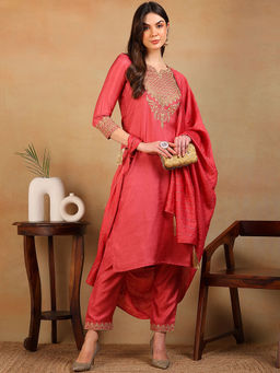 Vaamsi - Women Red Silk Blend Embroidered Straight Kurta Pants with Dupatta (Set of 3)