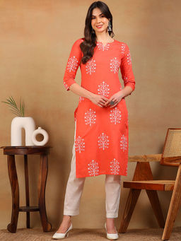 Vaamsi - Women Red Cotton Ethnic Motifs Printed Straight Kurta
