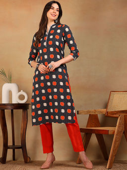 Vaamsi - Women Black Cotton Printed Straight Kurta
