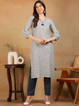Vaamsi - Women Grey Cotton Striped Printed Straight Kurta