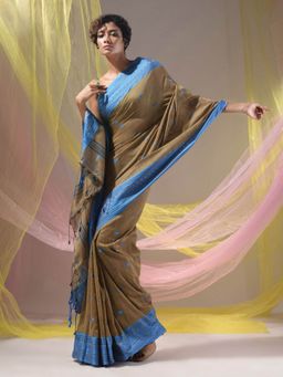 CHARUKRITI - Beige Cotton Handloom Soft Saree with Unstitched Blouse