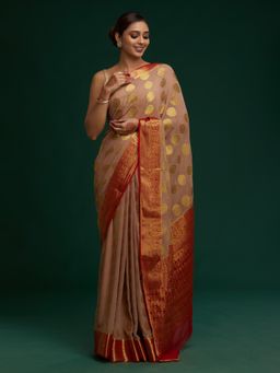 Koskii - Beige Zari Work Art Silk Saree with Unstitched Blouse
