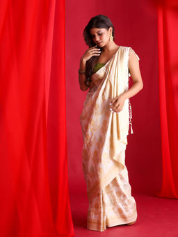 Beatitude - Off White Banarasi Saree with Unstitched Blouse
