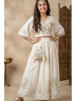 Lagorii - Designer Cream Palazzo & Crop Top with Potli Bag