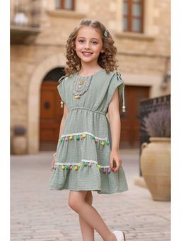 Lagorii - Green Pom-Pom Cotton Dress with Embroidered Yoke