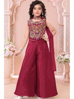 Lagorii - Maroon Sequins Work With Thread Embroidery Top Palazzo & Dupatta
