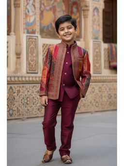 Lagorii - Maroon Premium Brocade Jacket Pant & Waistcoat