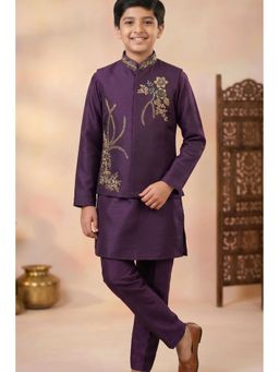 Lagorii - Wine Embroidered Kurta Pant & Nehru Jacket