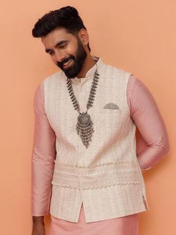 KISAH - Men White Printed Cotton Blend Nehru Jacket with Zari Design