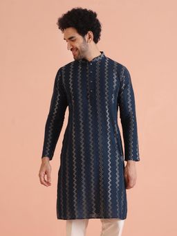 KISAH - Men Navy Blue Textured Cotton Blend Kurta with Thread Work