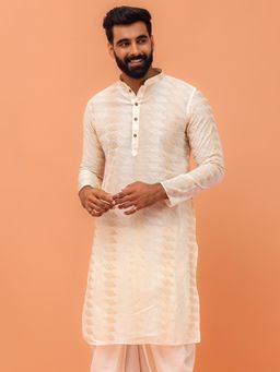 KISAH - Men White Printed Cotton Blend Kurta with Thread Work