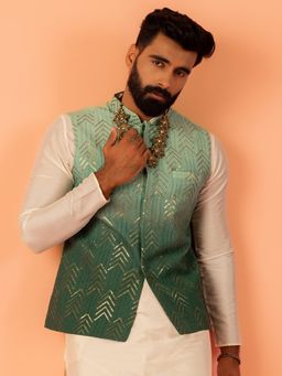 KISAH - Men Green Ombre Cotton Blend Nehru Jacket with Zari Design
