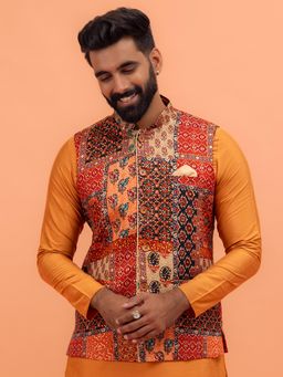 KISAH - Men Multi Coloured Printed Cotton Blend Nehru Jacket with Zari Design