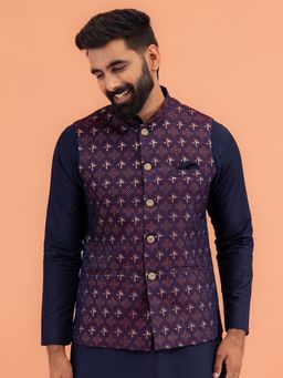 KISAH - Men Maroon Textured Silk Blend Jacquard Nehru Jacket with Zari Design