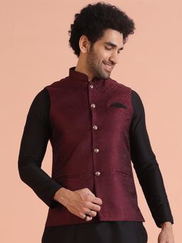 KISAH - Men Maroon Textured Silk Blend Jacquard Nehru Jacket with Zari Design