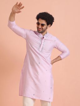 KISAH - Men Lilac Mirror Work Embroidery Cotton Blend Kurta with Abstract Print