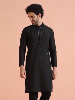KISAH - Men Black Mirror Work Embroidery Cotton Blend Kurta with Abstract Print