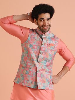 KISAH - Men Multi Coloured Textured Silk Blend Nehru Jacket with Zari Design