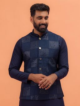KISAH - Men Navy Blue Nehru Jacket