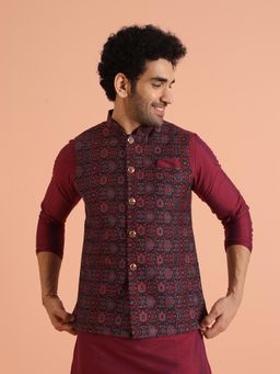 KISAH - Men Multi Coloured Woven Silk Blend Jacquard Nehru Jacket with Zari Design