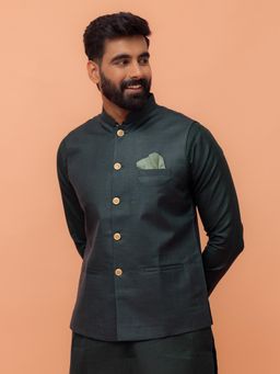 KISAH - Men Green Solid Cotton Blend Nehru Jacket with Zari Design