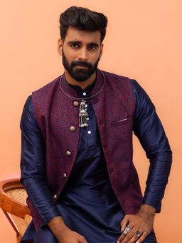 KISAH - Men Maroon Textured Cotton Blend Nehru Jacket with Zari Design