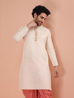KISAH - Men White Solid Cotton Blend Kurta with Thread Work