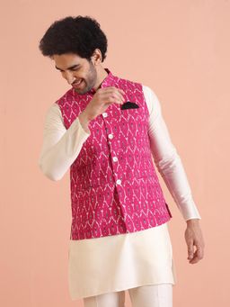 KISAH - Men Pink Printed Cotton Blend Nehru Jacket with Zari Design