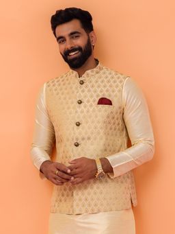 KISAH - Men Beige & Gold Textured Silk Blend Jacquard Nehru Jacket with Zari Design