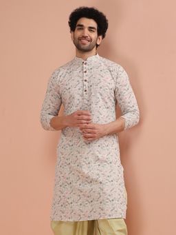 KISAH - Men White Printed Cotton Blend Kurta with Kantha Print