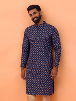 KISAH - Men Navy Blue Printed Pure Cotton Kurta with Abstract Print