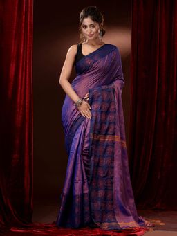 CHARUKRITI - Navy Blue Cotton Blend Handwoven Woven Zari & Floral Motifs Saree with Unstitched Blouse