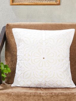 Fabindia - White Noor Embroidered Cotton Blend Cushion Cover (16x16)