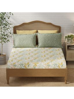 Layers - Pristine Cotton Yellow & Green Floral Fitted Bedsheet and Pillow Cover (King)