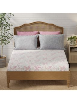 Layers - Pristine Cotton Pink & Grey Floral Fitted Bedsheet with 2 Pillow Covers (King)
