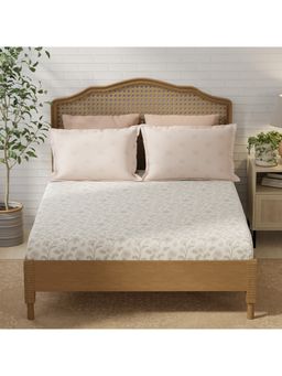 Layers - Pristine Cotton Peach Floral Fitted Bedsheet with 2 Pillow Covers (King)