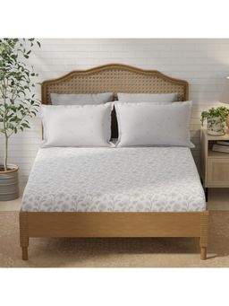 Layers - Pristine Cotton Grey Floral Fitted Bedsheet with 2 Pillow Covers (King)