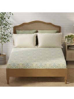 Layers - Pristine Cotton Yellow Floral Fitted Bedsheet with 2 Pillow Covers (King)