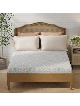 Layers - Pristine Cotton Blue Floral Fitted Bedsheet with 2 Pillow Covers (King)