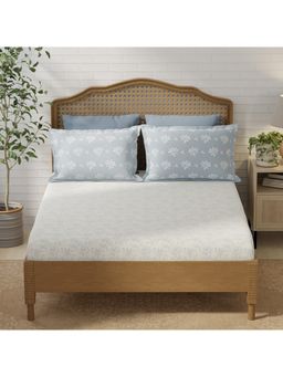 Layers - Pristine Cotton Blue Floral Fitted Bedsheet with 2 Pillow Covers (King)
