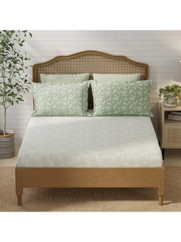Layers - Pristine Cotton Green Floral Fitted Bedsheet with 2 Pillow Covers (King)