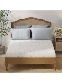 Layers - Pristine Cotton Blue Floral Fitted Bedsheet with 2 Pillow Covers (King)