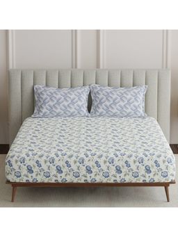 Boutique Living - Embrace Cotton White & Blue Floral Bedsheet with Pillow Covers (King)